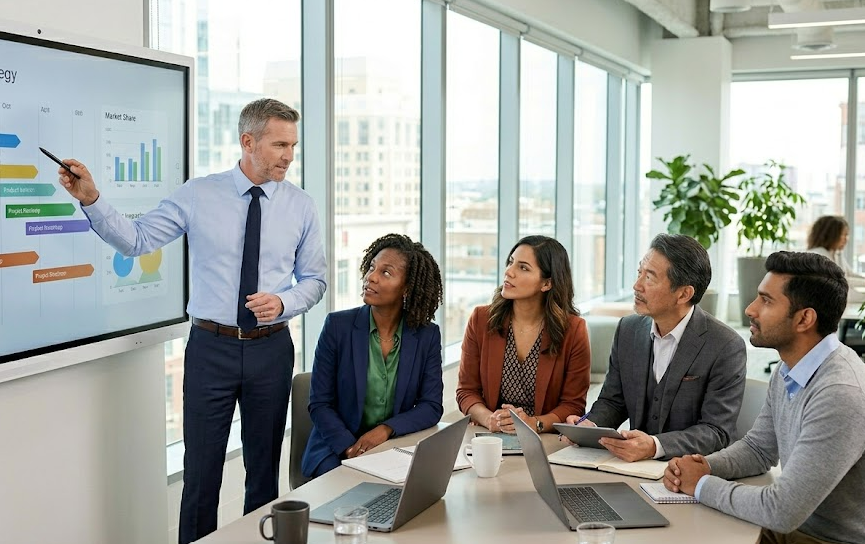 Diverse leadership team collaborating in a professional workplace